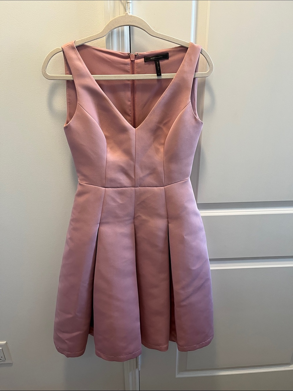 BCBGMaxAzria Dusty Pink V-Neck Pleated Fit-and-Flare Mini Dress
